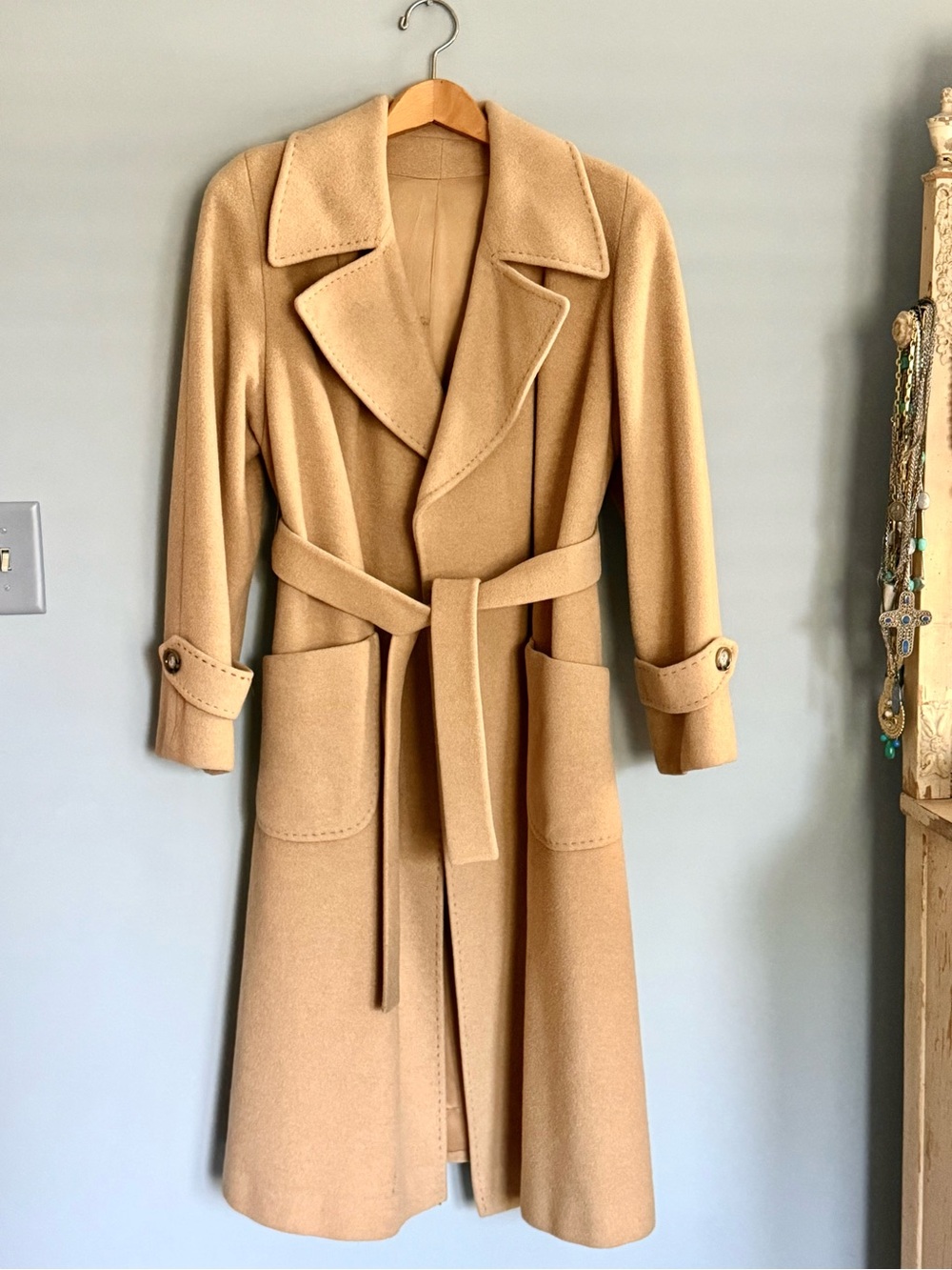 Classic Camel Wool Belted Long Coat - Women's Size Large